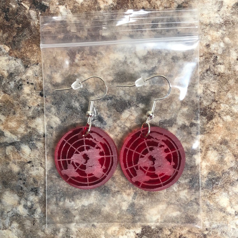 .925 Flat Earth Acrylic Earrings -Red/Silver